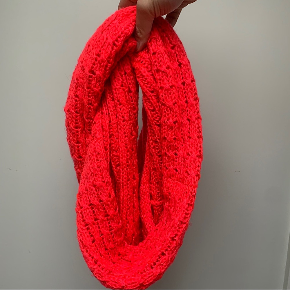 Neon Orange Pink Cable Knit Infinity Scarf